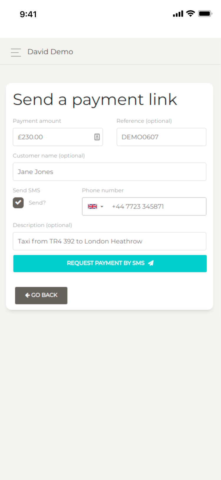 Screenshot of payment link creation screen